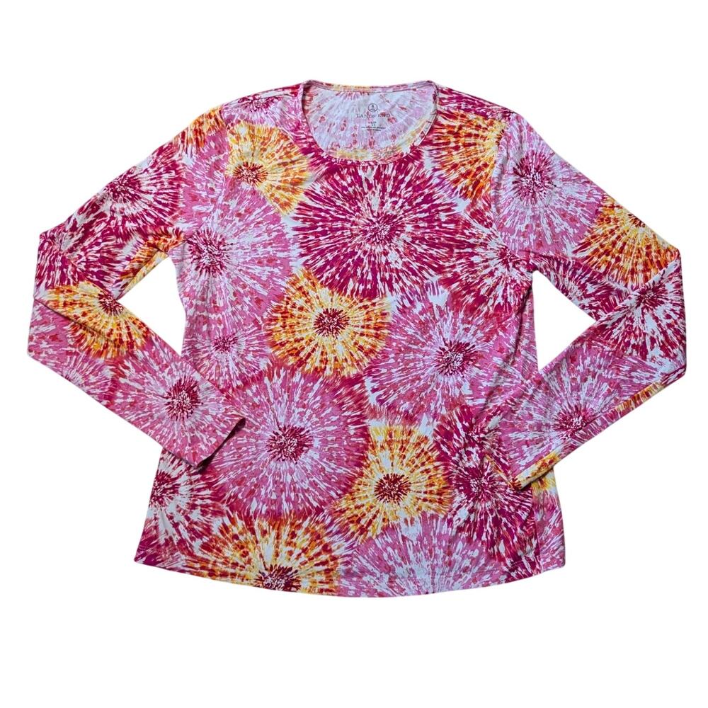 Lands End Womens Rash Guard Small Pink Sunburst Tie Dye Swim Top Tunic UPF 50